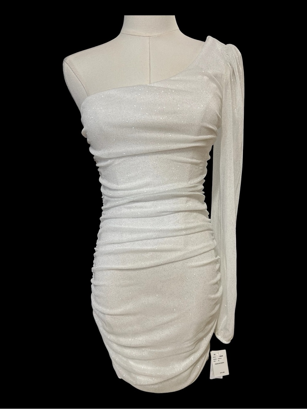 🆕 NWT Jump Apparel White Silver Glitter One Shoulder Ruched Mini Dress | Size S
